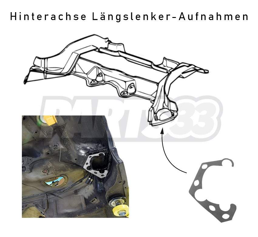 PMC MOTORSPORT Verstärkungsbleche Einschweissbleche Set passend für BMW E36 Hinterachse (Stahl)