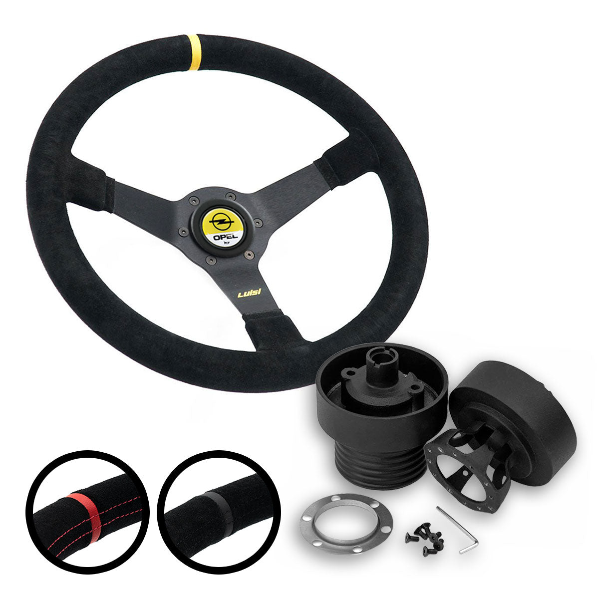 LUISI Mirage Race sports steering wheel suede complete set Opel Manta from 1974 / Kadett C 1974-1979 (dish / with TÜV) - PARTS33 GmbH