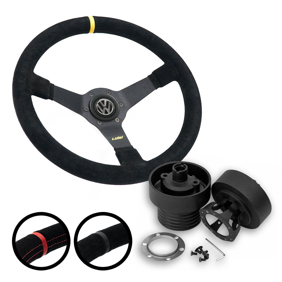 LUISI Mirage Race sports steering wheel suede complete set VW Golf 1 & Golf 2 1982-08/1988 (bowled / with TÜV)